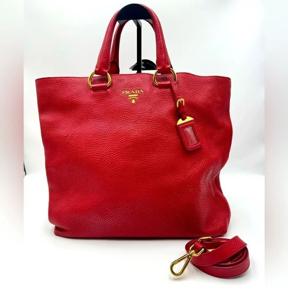Auth Prada Rosso Vitello Daino Leather Convertible Shopping Tote Bag Preloved
